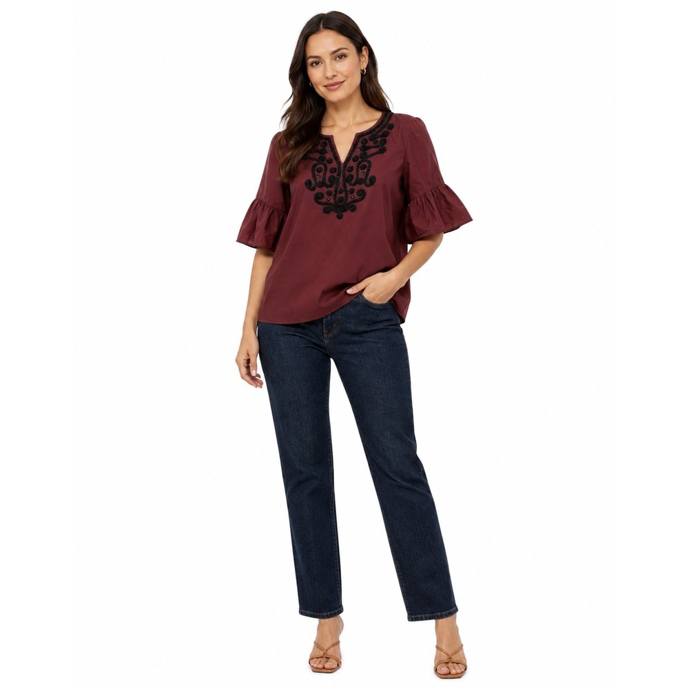 RSVP by Talbots Burgundy Silk Blend Embroidered Ruffle Sleeve Blouse Top 2X